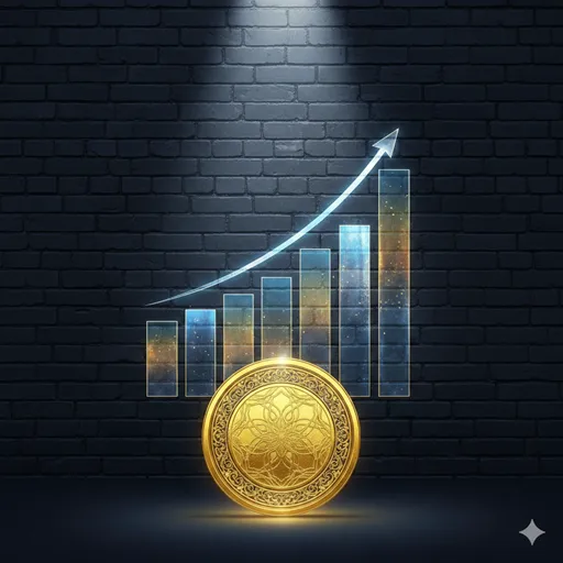 積み上げられたレンガの壁、右肩上がりの折れ線グラフ、そして黄金に輝くメダルを抽象的に配置した、三つの成果を象徴するイメージ。