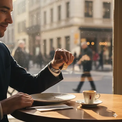 手元の腕時計をチェックしながら、落ち着いた表情でランチ後のコーヒーを楽しむビジネスパーソン。