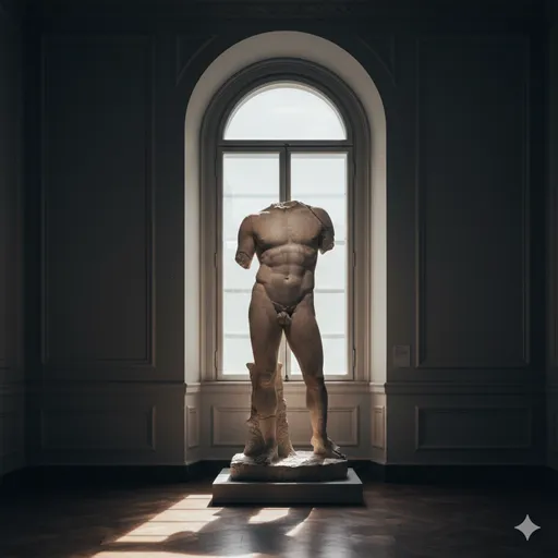 美術館の柔らかな光の中で、数千年の時を超えてなお圧倒的な美しさと生命力を放つ大理石の彫像。