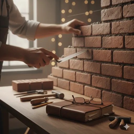 一つ一つ丁寧に積み上げられ、強固な土台となったレンガの壁と、その上に置かれた使い込まれた作業道具。