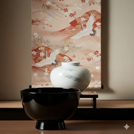 美しい漆器、陶磁器、織物が並ぶ背景に、品質を象徴する黄金の光が差し込む様子。