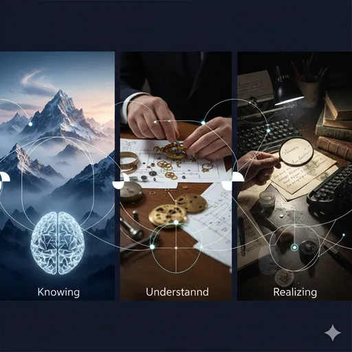 霧が晴れていく風景、複雑なパズル、そして虫眼鏡で覗いた証拠の対比。