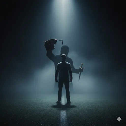 暗闇の中で、正々堂々と戦う相手の背後から影で攻撃を仕掛けようとする不穏なシルエット。