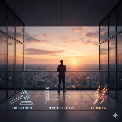 高層ビルの屋上から、整然とした都市の風景と昇る朝日を見つめるリーダーの姿。