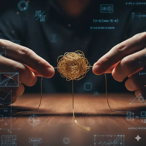 複雑に絡まった糸を、一箇所ずつ丁寧に解きほぐしている手元。