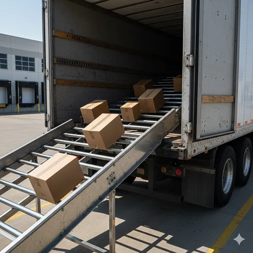 トラックの荷台からスロープを使って荷物が降りてくる、車両からの分離を強調したシーン。