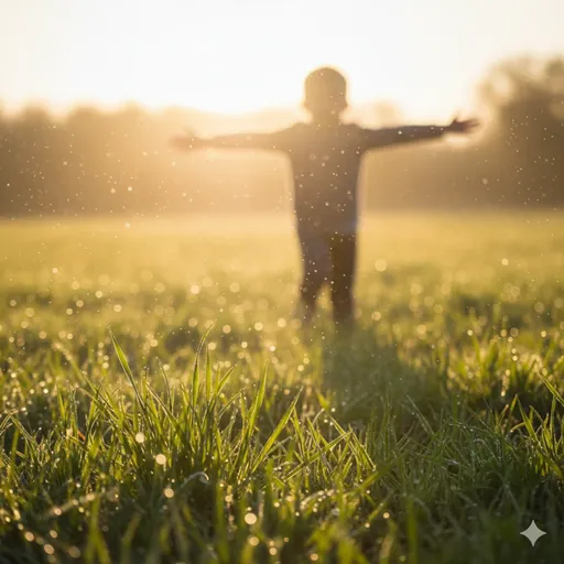 眩しい太陽に向かって、両手を広げて伸び伸びと笑う子供と、芽吹いたばかりの若葉。