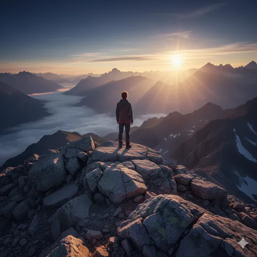 霧の晴れた広大な景色を眺めながら、手元にある羅針盤と遠くの地平線を照らし合わせ、確信を持って立ちすくむ人物のシルエット。