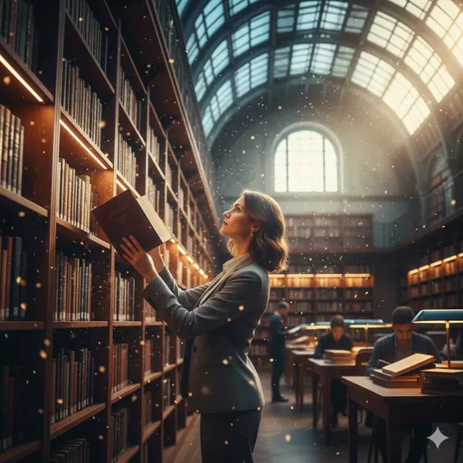 知識の詰まった図書館で、自分に合った言葉を選び取り、未来を見つめる人物。