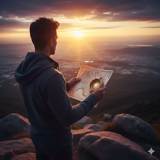 霧が晴れた崖の上に立ち、手元にある正確な地図を確認しながら、遥か遠くの地平線を見据える人物の後ろ姿。