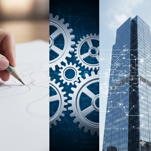設計図を描く手元、精密に動く歯車、そして大きなビル群を背景にした、創造・実行・役割を象徴するイメージ。