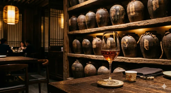 琥珀色の美しいお酒が注がれたグラスと、背後に並ぶ歴史を感じさせる古い陶器の酒壷。
