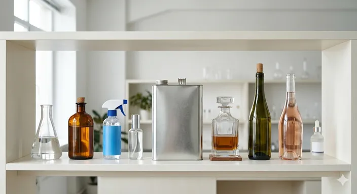 燃料用、工業用、飲料用など、様々な容器に入った無色の液体が並び、アルコールという広大なグループを象徴する様子。
