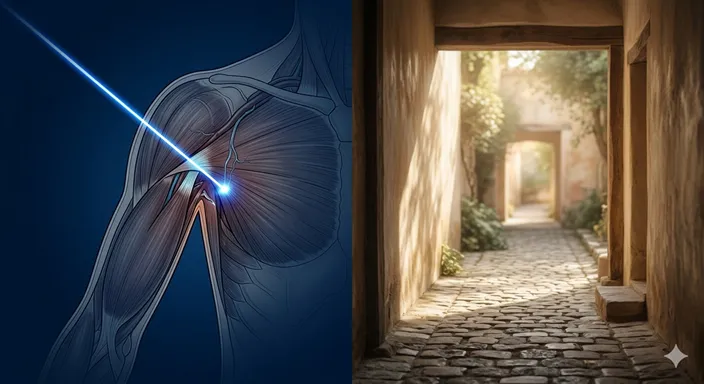 人体のシルエットにある特定のポイントを指し示す光の点と、道端や舞台の端を象徴する広がりを対比させたイメージ。