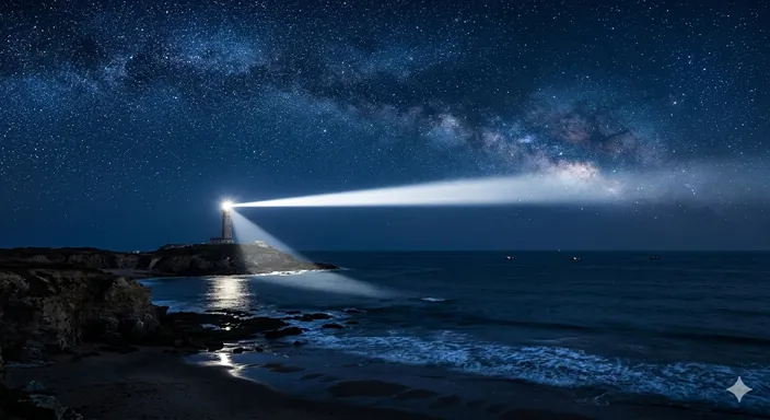 暗い海の向こう側で、確かな光を放ち、船を導く灯台の風景。