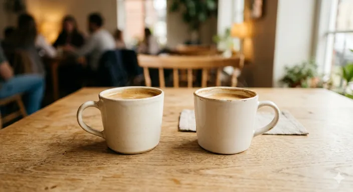 2つのコーヒーカップが温かい湯気を上げ、親しい間柄の再会を象徴するミニマルな画像
