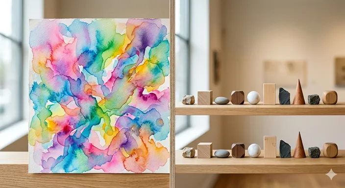 色とりどりの絵の具が混ざり合う抽象的なアートと、整然と並ぶ多種多様な幾何学オブジェの対比。