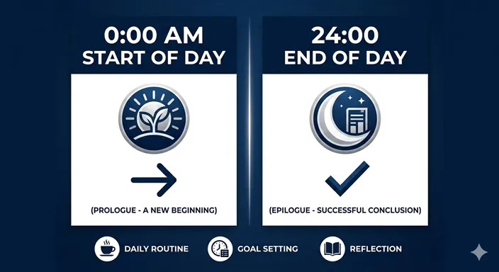 0:00 (NEXT DAY / START) と 24:00 (TODAY / END) の概念的な違いを英語で示した図解。