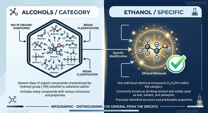 ALCOHOLS (Group / Category) と ETHANOL (Specific / Safe) の階層関係を英語で示した概念図。