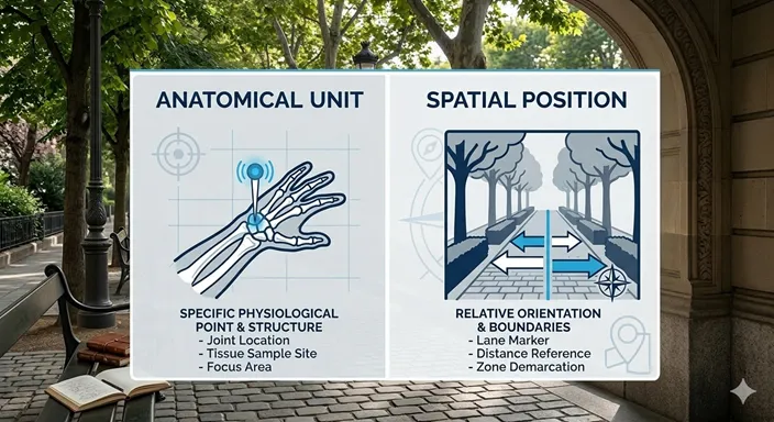 ANATOMICAL UNIT (Organ / Specific / Medicine) と SPATIAL POSITION (Side / General / Location) の違いを英語で示した図解。