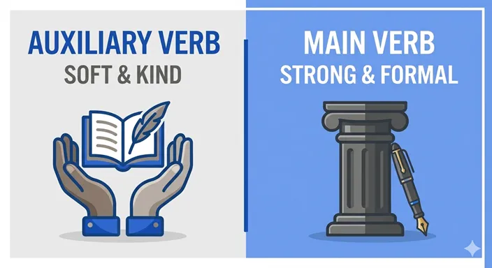 AUXILIARY VERB (Functional / Soft / Public) と MAIN VERB (Strong Meaning / Solid / Formal) の違いを英語で示したクリーンな比較図解。