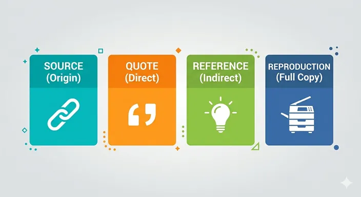 SOURCE, QUOTE, REFERENCE, REPRODUCTIONの4つの扱い方の違いを英語で示したクリーンな図解。