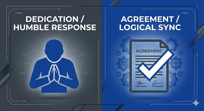 DEDICATION (Humble / Respectful / Absolute) と AGREEMENT (Logical / Practical / Professional) の違いを英語で示したミニマルな比較図解。