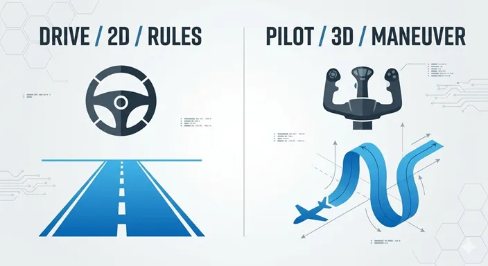 DRIVE (2D / Road / Rules) と CONTROL (3D / Space / Maneuver) の違いを英語で示したインフォグラフィック。