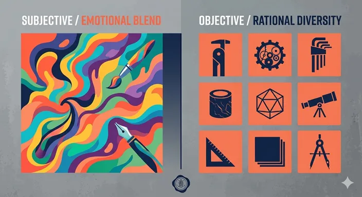 SUBJECTIVE (Emotional / Personal / Blend) と OBJECTIVE (Rational / Formal / Diversity) の違いを英語で示したモダンなインフォグラフィック。