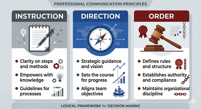 INSTRUCTION (Guide/Detail), DIRECTION (Mission/Target), ORDER (Authority/Law) の違いを英語で示した概念図。