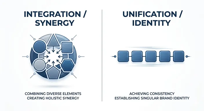 INTEGRATION (Synergy/Diversity/Flexible) と UNITY (Identity/Standard/Strict) の対比を英語で示した概念図。