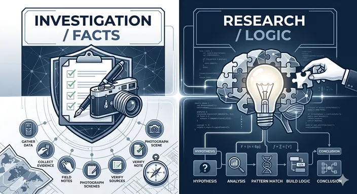 INVESTIGATION (Facts/Check/What) と RESEARCH (Logic/Analysis/Why) の対比を英語で示した概念図。