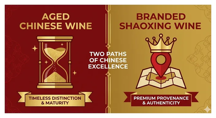 AGED WINE (Time / Tradition / General) と BRANDED SHAOXING (Region / Origin / Elite) の違いを英語で示したモダンなインフォグラフィック。