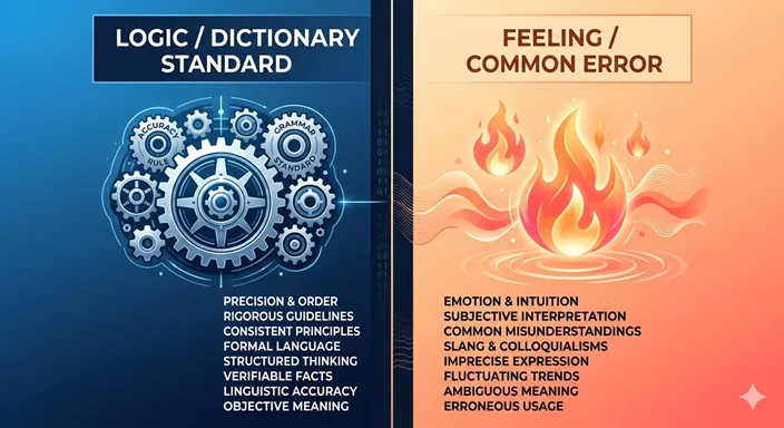 CORRECT (Based on Logic) と COMMON ERROR (Based on Feeling) の違いを英語で示した抽象的な図解。