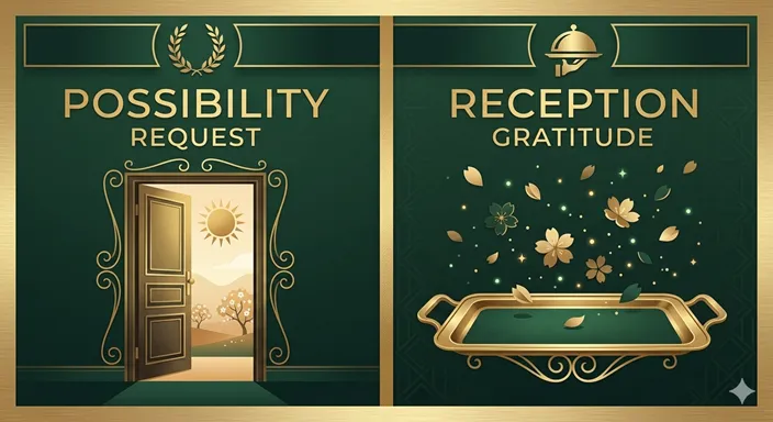 POSSIBILITY (Request / Choice / Consideration) と RECEPTION (Benefit / Fact / Gratitude) の違いを英語で示したモダンな図解。