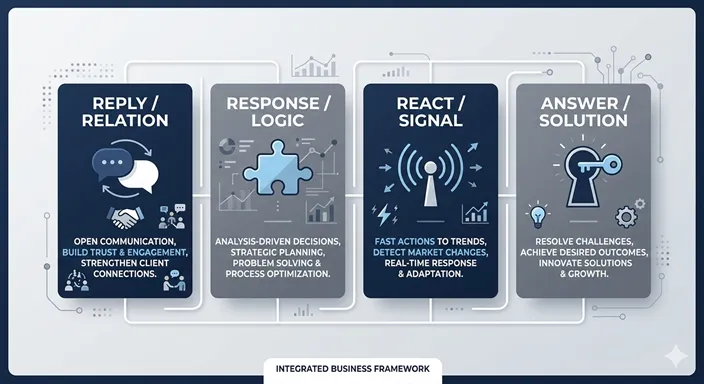 REPLY (Relation), RESPONSE (Logic), REACT (Action), ANSWER (Solution) の4つの違いを英語で示した概念図。