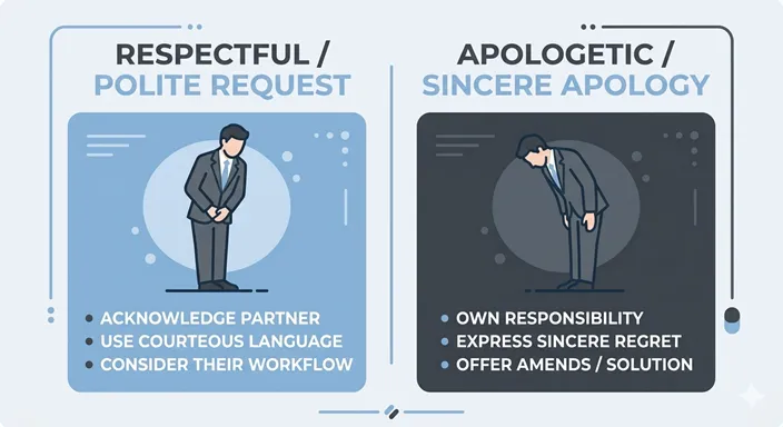 RESPECTFUL (Polite / Request / Humble) と APOLOGETIC (Sincere / Mistake / Deep) の違いを英語で示したミニマルな比較図解。