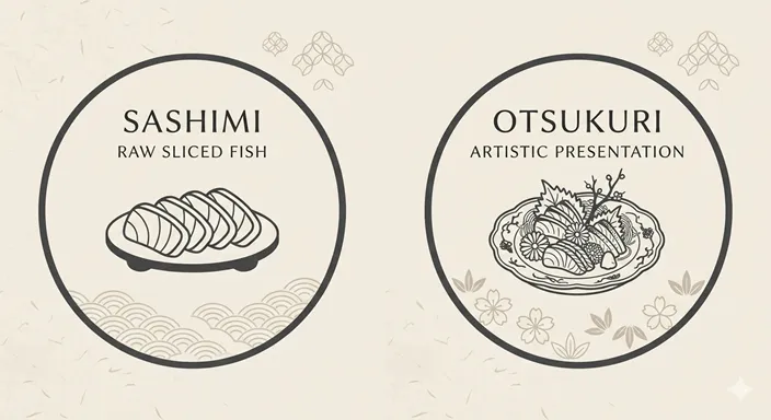 SASHIMI (Focus on Material & Cut) と OTSUKURI (Focus on Presentation & Hospitality) の違いを英語で示した図解。