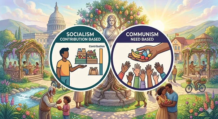 SOCIALISM (To each according to contribution) と COMMUNISM (To each according to need) の違いを英語で示した図解。
