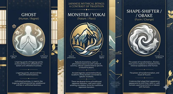 GHOSTS (Unfinished Business / Human), MONSTERS (Land / Legend / Folklore), OBAKE (Change / Variation) の違いを英語で示したインフォグラフィック。