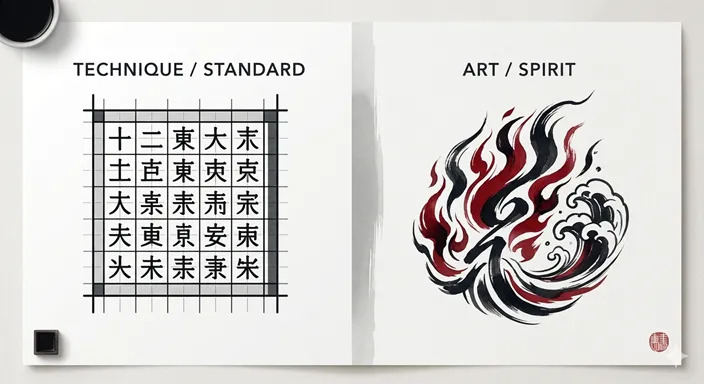 TECHNIQUE (Standard / Rules / Learning) と ART (Freedom / Spirit / Expression) の違いを英語で示したモダンな対比図解。