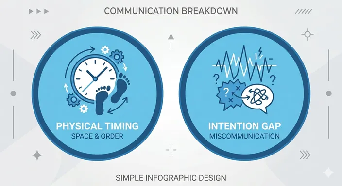PHYSICAL TIMING (Overlap in Space) と MENTAL MISMATCH (Mismatch in Information) の違いを英語で示した図解。