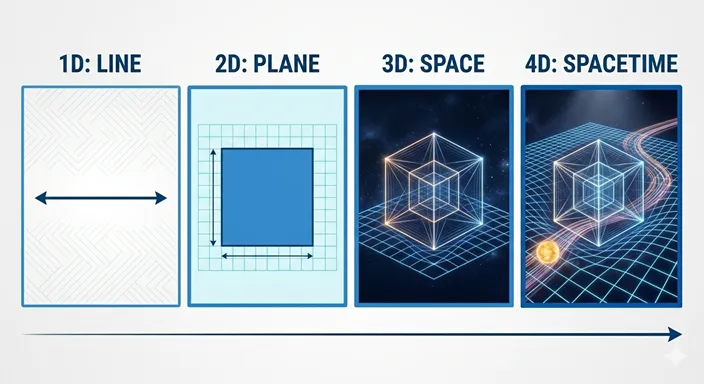 1D (Line), 2D (Plane), 3D (Space), 4D (Spacetime) の進化を英語で示したクリーンな図解。