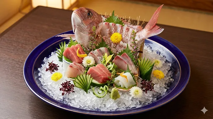 季節の草花や飾り切りされた野菜が添えられ、まるで風景画のように盛り付けられた「お造り」の作品。
