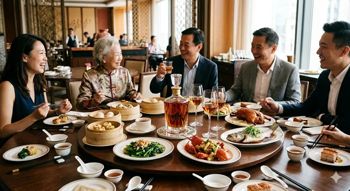 豪華な中華料理が並ぶ円卓で、紹興酒を囲んで楽しむ豊かな食卓の風景。