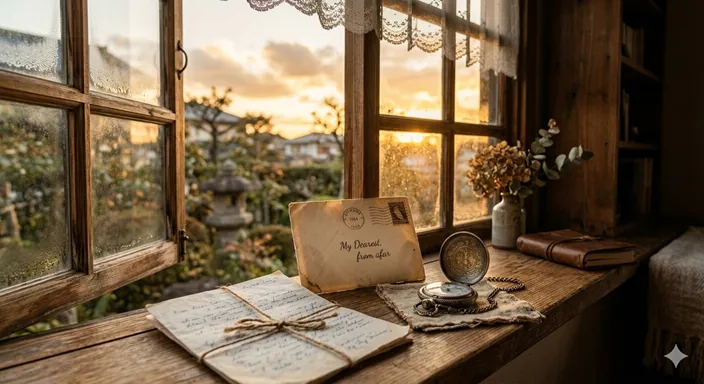 窓際に置かれた古い手紙と、ノスタルジックな風景を思い起こさせる温かい夕暮れの光。