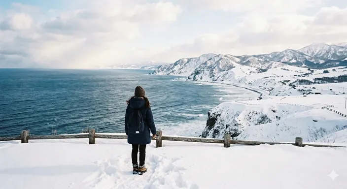 初めて目にする海や雪などの大自然に対し、息を呑んで立ち尽くす人物の背中。