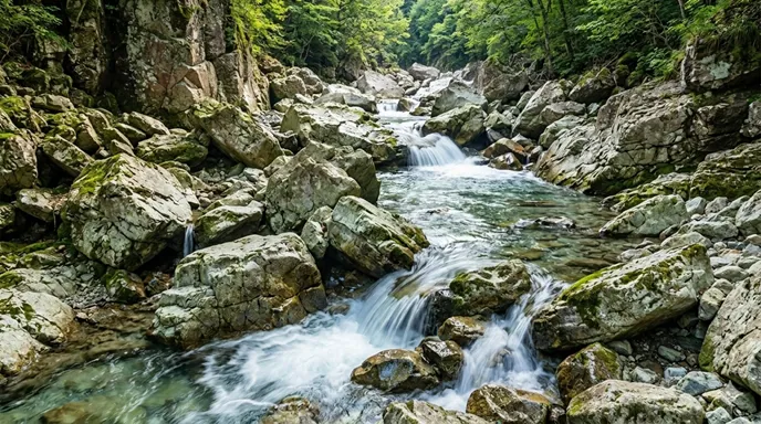 岩の間を、勢いを止めずにしなやかに通り抜けていく清流の風景。