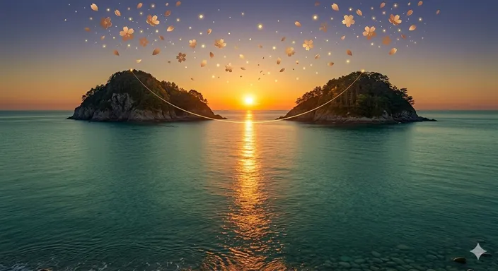 二つの島が、夕暮れ時の穏やかな海の上で、光の道によって繋がっている美しい風景。