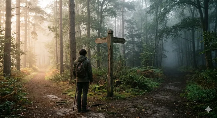 霧がかった森の中で、正しい道を示す道標をじっと見つめる人の後ろ姿。